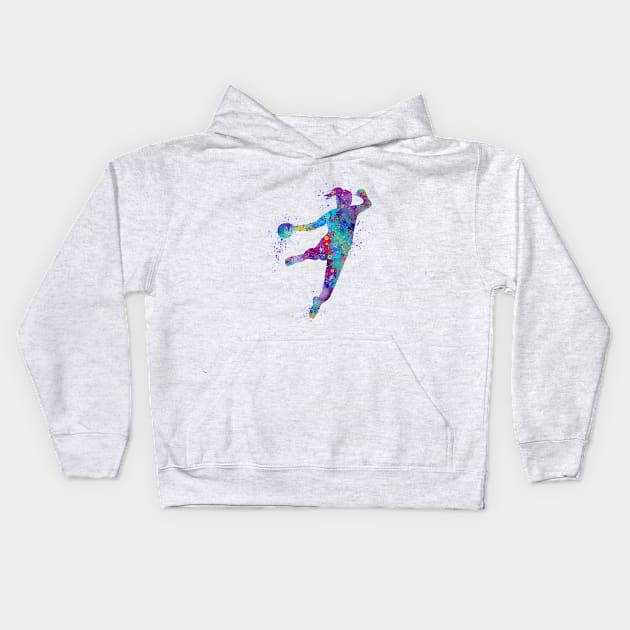 Handball Girl Colorful Watercolor Silhouette Kids Hoodie by LotusGifts